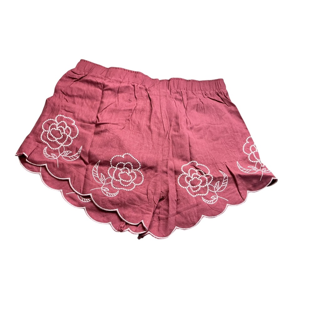 Dusty Rose Floral Embroidered Scalloped Hem Linen Blend Shorts Womens XL - Picture 10 of 15